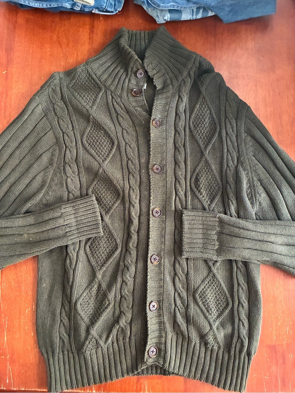 Alex Cannon Cable Knit Cardigan Sweater Mens L Olive Green 100% Cotton